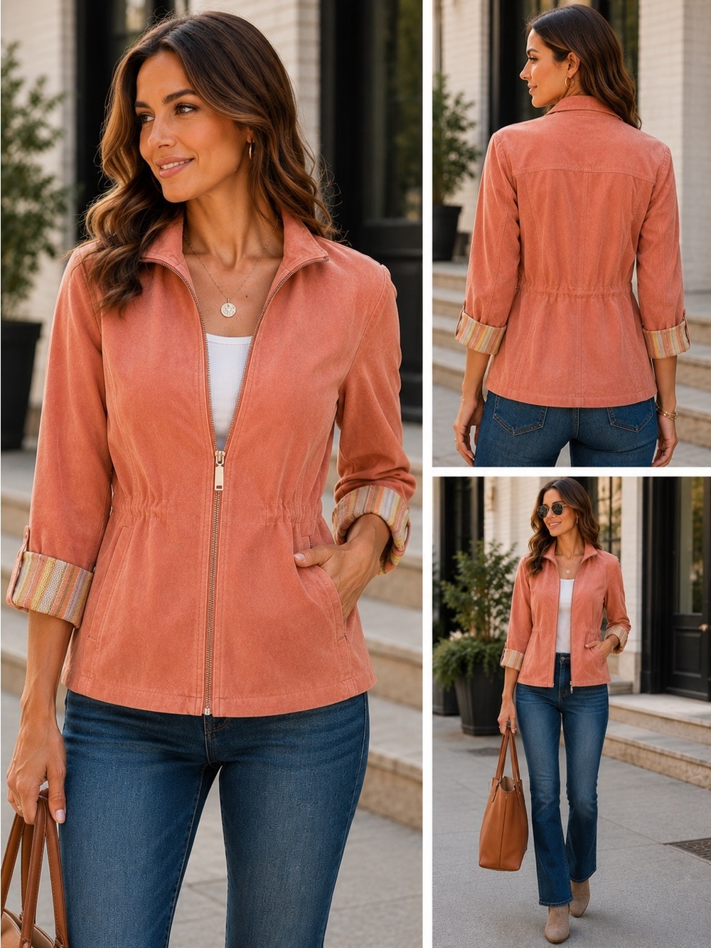 Bernardo Suede Leather Jacket Peach coral Drawstring Waist Utility Lined Medium